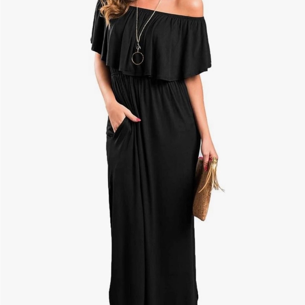 Black Off-Shoulder Ruffle Maxi Dress